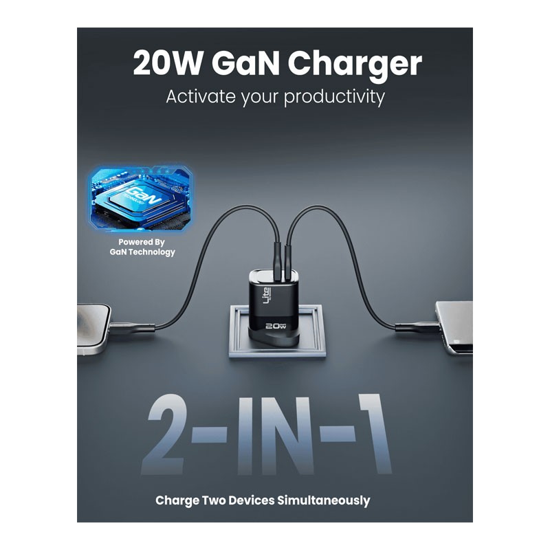 Moxedo Lite 20W GaN Charger USB-A, USB C Ports, Fast Charging PD 3.0 With USB C To USB C 1.2 Meter Cable, ‎ML-C012-C-34081