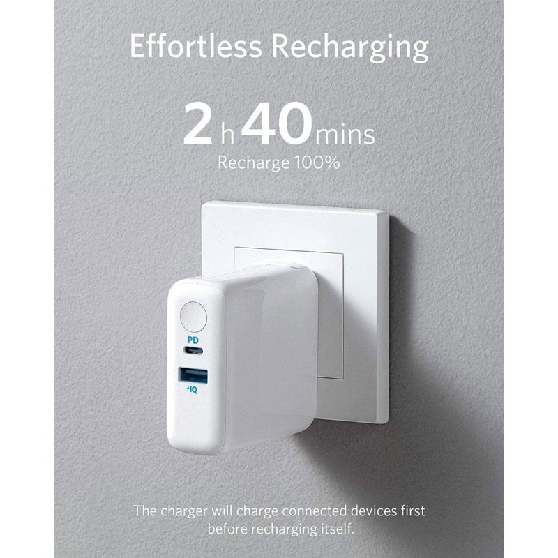 Anker PowerCore 3 Fusion, 5000mAh Battery, 2 In 1 Powerbank And Wall Charger, White, A1624H22-20907