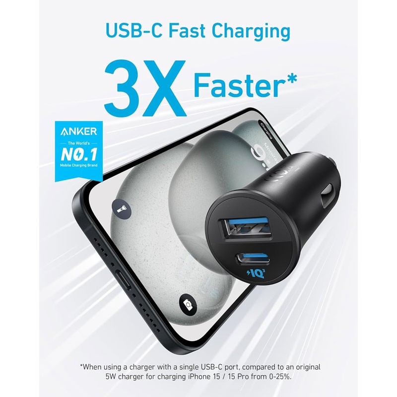 Anker PowerDrive Dual Port Car Charger 30W Fast Charging USB C USB A Black, A2741H11-36408