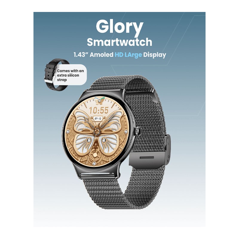 Moxedo Glory, 1.43 Inch Amoled HD Display Fitness Watch Real Time Health Monitoring, 100 Plus Watch Faces, 120 Plus Sports Modes Fitness Activity Tracker, For iOS And Android, Smart Watch For Women, Black, MX-SW012-BK-33010