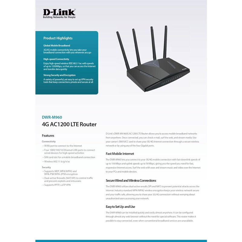 D Link 4G AC1200 LTE 4G LTE Router, DWR-M960 -28095