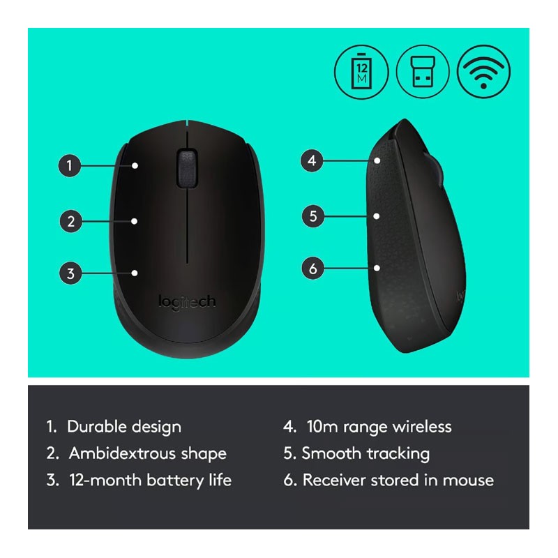 Logitech M171, 2.4 GHz Wireless Connection, 1000 Dpi, Wireless Mouse, Black-30119