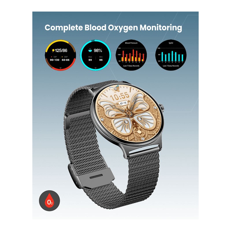 Moxedo Glory, 1.43 Inch Amoled HD Display Fitness Watch Real Time Health Monitoring, 100 Plus Watch Faces, 120 Plus Sports Modes Fitness Activity Tracker, For iOS And Android, Smart Watch For Women, Black, MX-SW012-BK-33008