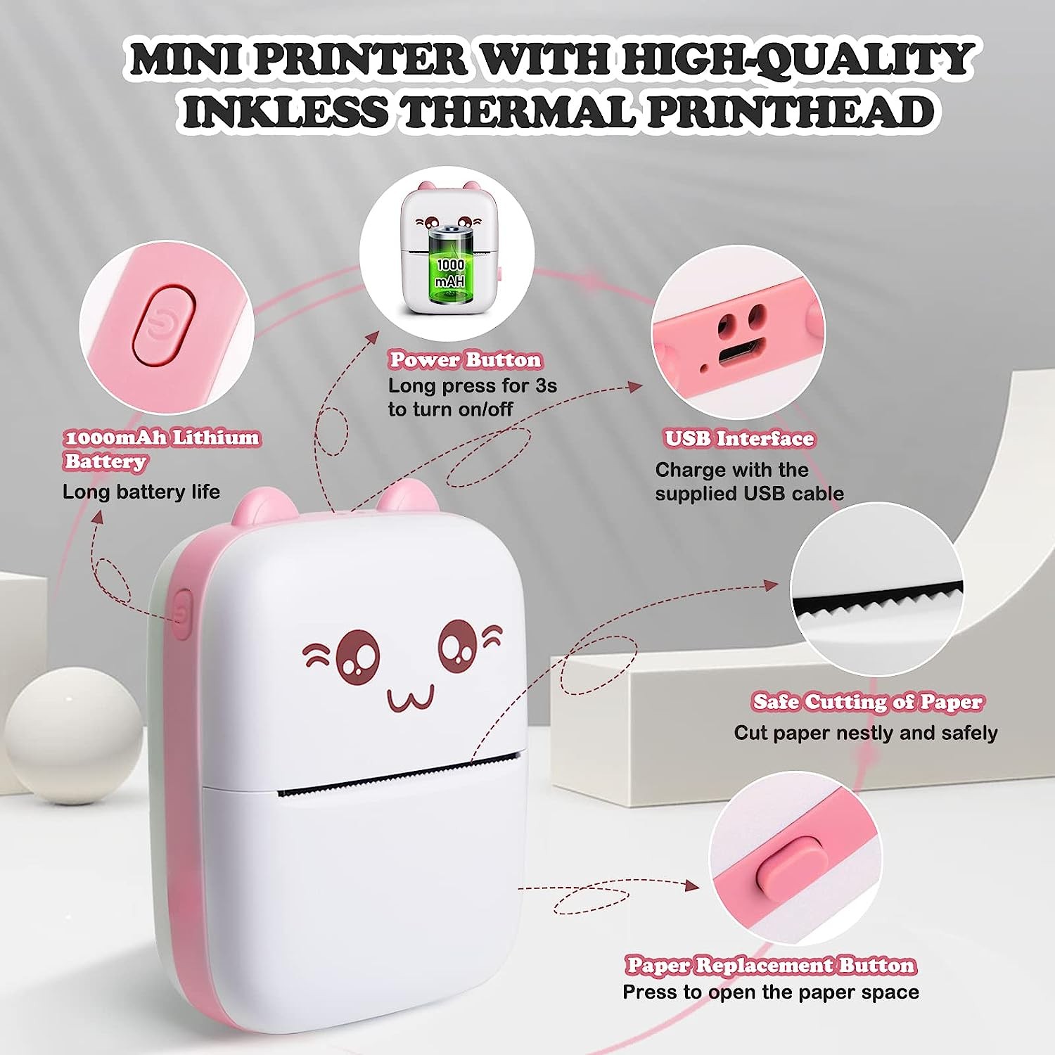 Mini Pocket Printer, Gift, Portable Thermal Printer for Pictures, Retro Style Photos, Receipts, Notes, Lists, Label, Memo, QR Codes, Bluetooth Wireless Smart Printer with Android or iOS APP-147