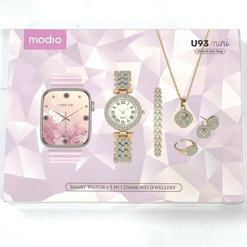 Modio U93 Mini 40 mm Smart Watch with 3 pair strap and stylish analogue watch with Diamond jewellery accessories combo for ladies and girls-361