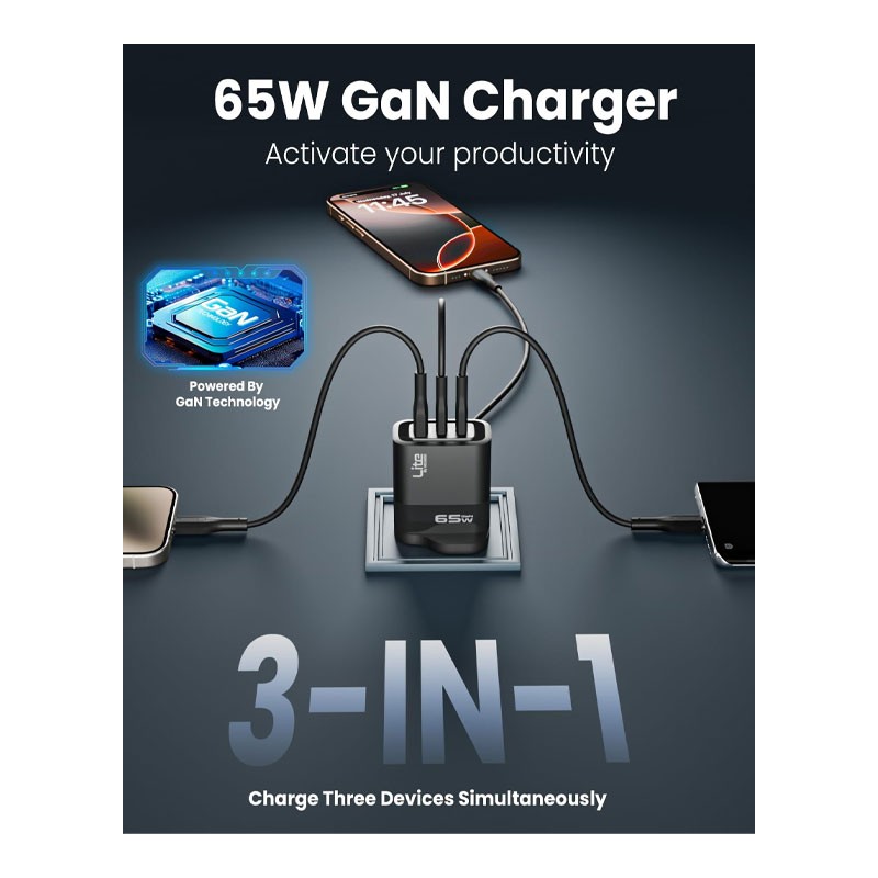 Moxedo Lite 65W GaN Charger Dual USB C Port And 1 USB A Port Fast Charging PD 3.0 With USB C To USB C 1.2 Meter Cable-32319