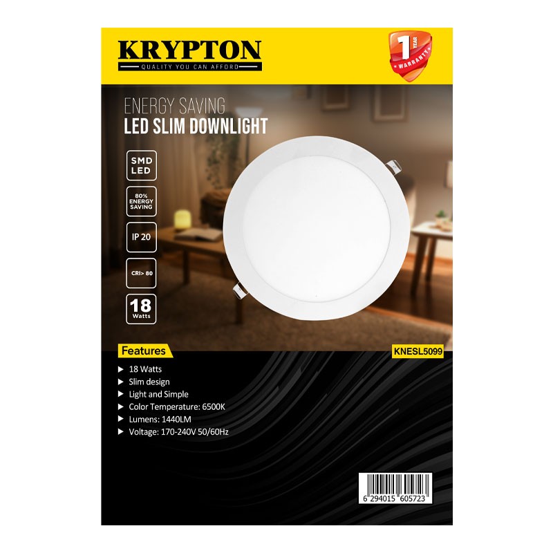 Krypton 18W Slim Round LED Panel Light, Round Cool Day White LED Surface Mounted Ceiling Light, KNESL5099-32504