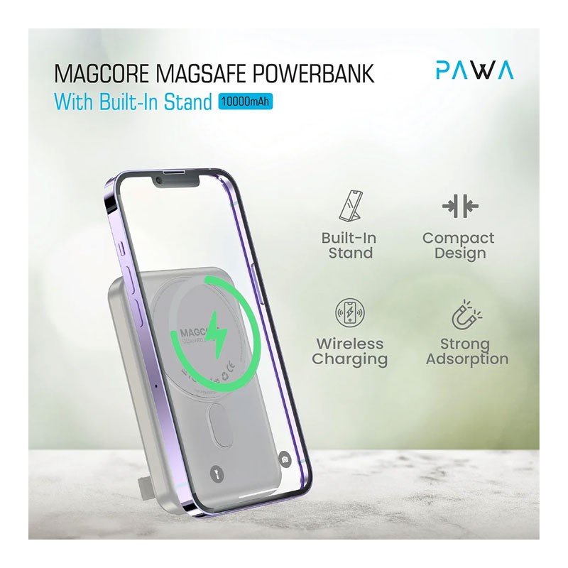 Pawa MagCore Magsafe 10000mAh Power Bank With Built In Stand, Titanium, PW-PBMGSF20-TT-32802