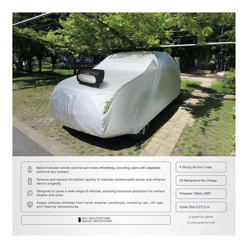 Green Lion, Quick 10s Retraction, 1000 PA Waterproof, 20 Retractions Per Charge, Universal Fit For Hatchback, Sedan, SUV, Strong Suction Cups, Auto Car Cover With Remote Control-33943