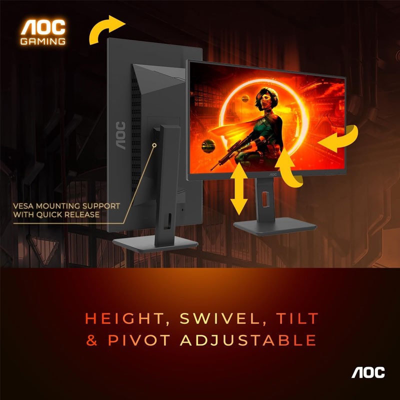 AOC, Pivot And Height Adjustable, Console Gaming Ready, AMD FreeSync, HDR10, 180Hz 1ms, HDMI 2.0, Display Port, Full HD 27 inch Gaming Monitor, 27G15N-28029