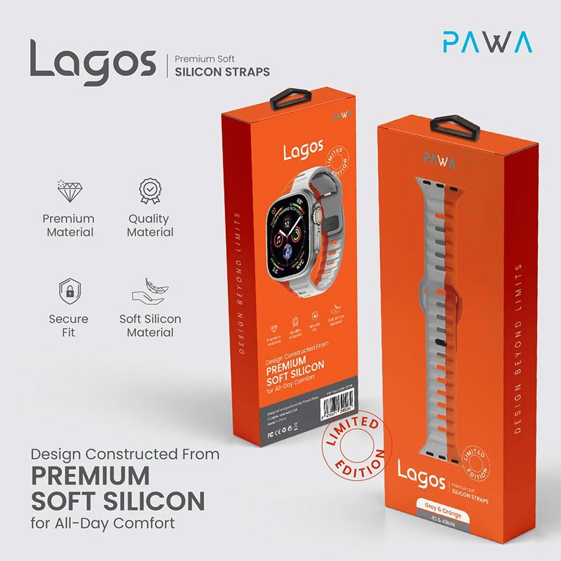 Pawa Lagos Water And Sweat Resistant Limited Edition Premium Soft Silicon Straps, Grey And Orange-19221