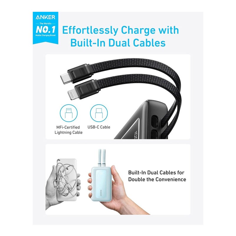 Anker Zolo, Built In Dual Cables, Lightning Cable, USB C Cable, 30W Power, Fast Charging Technology, Charge 4 Devices At Once, 20000mAh Portable Power Bank, Black, A1681H11-29326