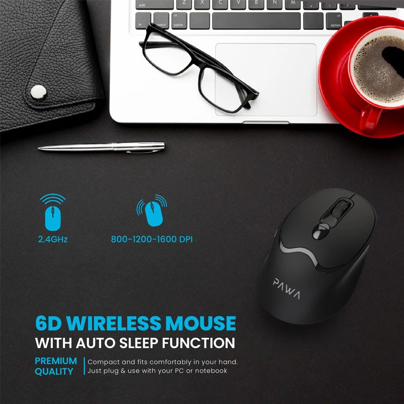 Pawa 6D Wireless Mouse With Auto Sleep Function, Black, PW-VM6D16DP-BK-28582