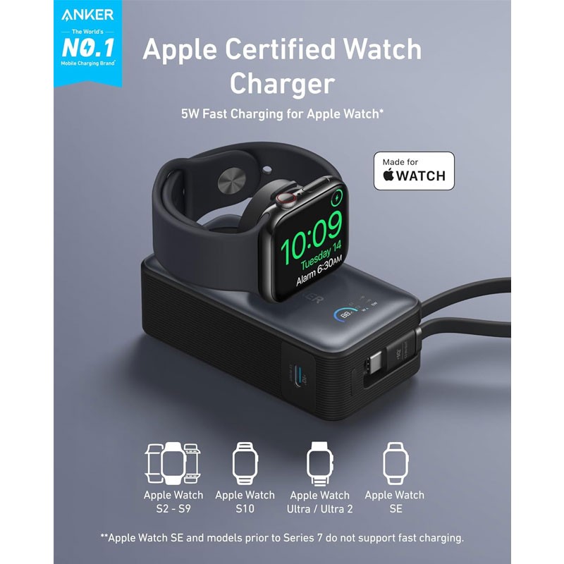 Anker MagGo, 10000mAh, 35W Max, Compact Battery Pack With Built In USB C Cable, Officially Certified Power Bank For Apple Watch, A1657H11 -26715