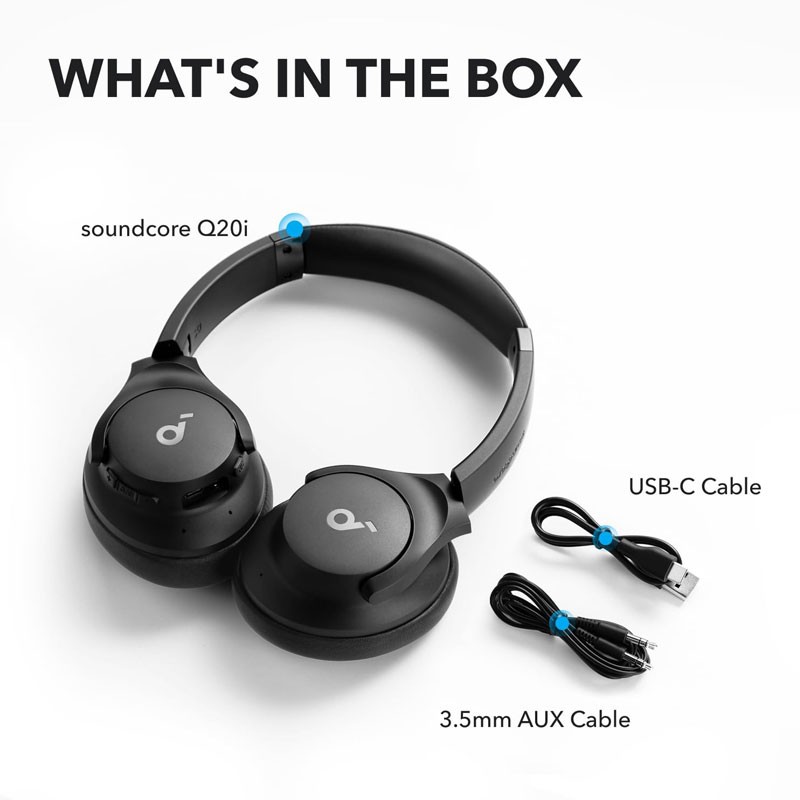 Anker Soundcore Q20i, Hybrid Active Noise Cancelling, 40h Playtime In ANC Mode, Hi Res Audio, Deep Bass, Personalization via App, Wireless Bluetooth Over Ear Headphones, Black, A3004H11-20779