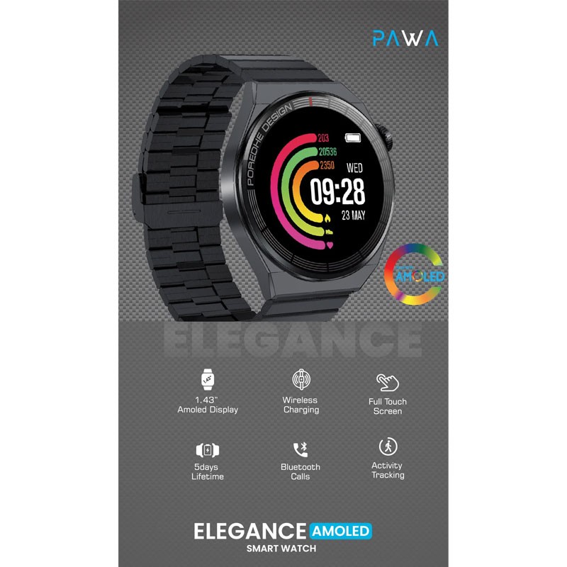 Pawa Elegance, 1.43 Inch HD Large Amoled Screen, Wireless Charging, Activity Tracking, Bluetooth Calls, Smart Watch, Black-19192