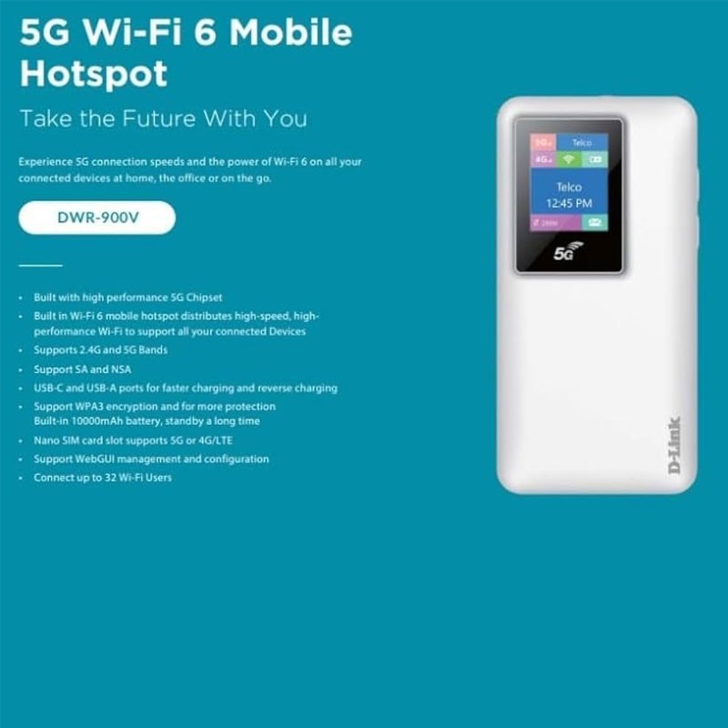 D Link AX1800 Wireless Mobile 5G Router Device, DWR-900V-28091