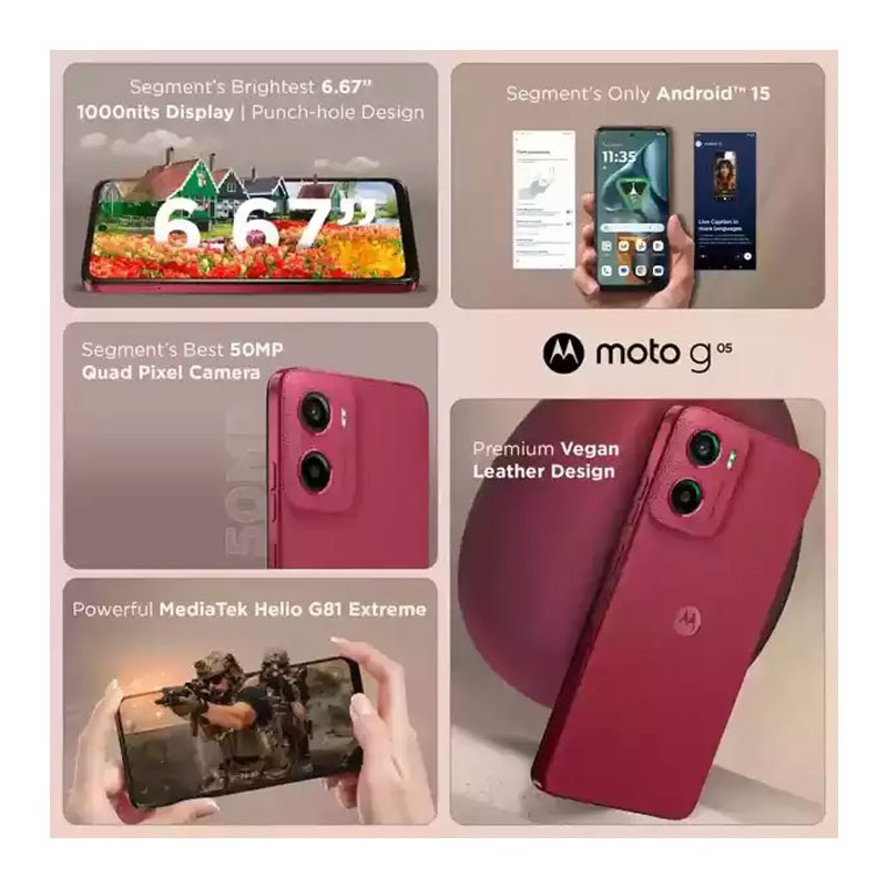 Motorola Moto G05, 4GB RAM, 256GB Storage, 6.67 Inch 90Hz Punch Hole Display, 50MP Rear Main Camera, Dolby Atmos, Dual SIM, Vegan Leather Frame, IP52, 5200mAh Battery, 18W Charging, Android Smartphone, Plum Red-30803