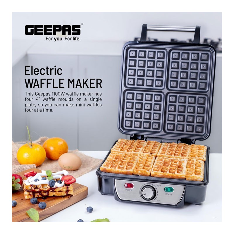 Geepas, 4 Slice Non Stick Electric Belgian Waffle Maker With Adjustable Temperature Control, 1100W Electric Waffle Maker, GWM5417 -32225