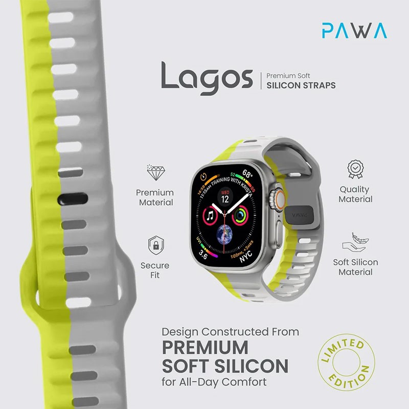 Pawa Lagos Water And Sweat Resistant Limited Edition Premium Soft Silicon Straps, Grey And Yellow-19225