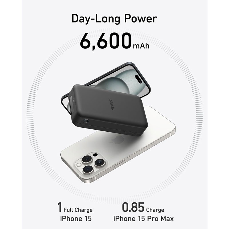 Anker MagGo Power Bank, 15W Fast MagSafe Mobile Charger, 6600mAh Battery, Adjustable Folding Stand, Black, A1643H11-19885