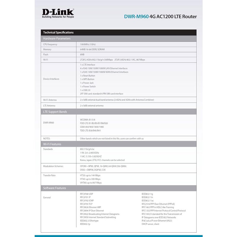 D Link 4G AC1200 LTE 4G LTE Router, DWR-M960 -28096