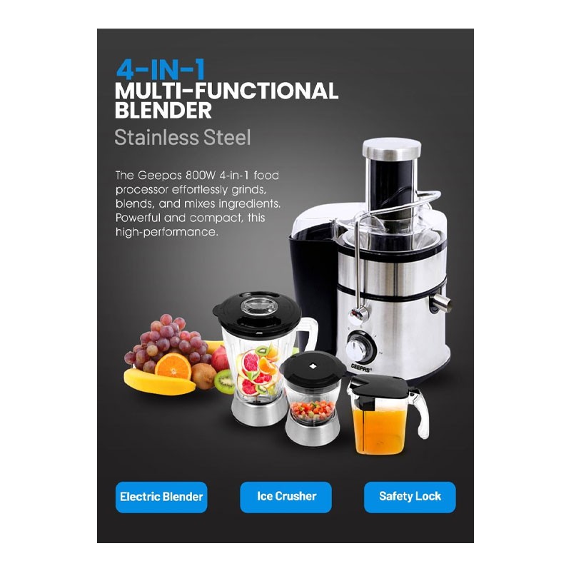 Geepas, Compact Electric Blender, Juicer, Chopper And Grinder, 2 Speed Pulse Function For Ice Crusher, 800W, 4 In 1 Juicer And Blender, GSB5451 -31052
