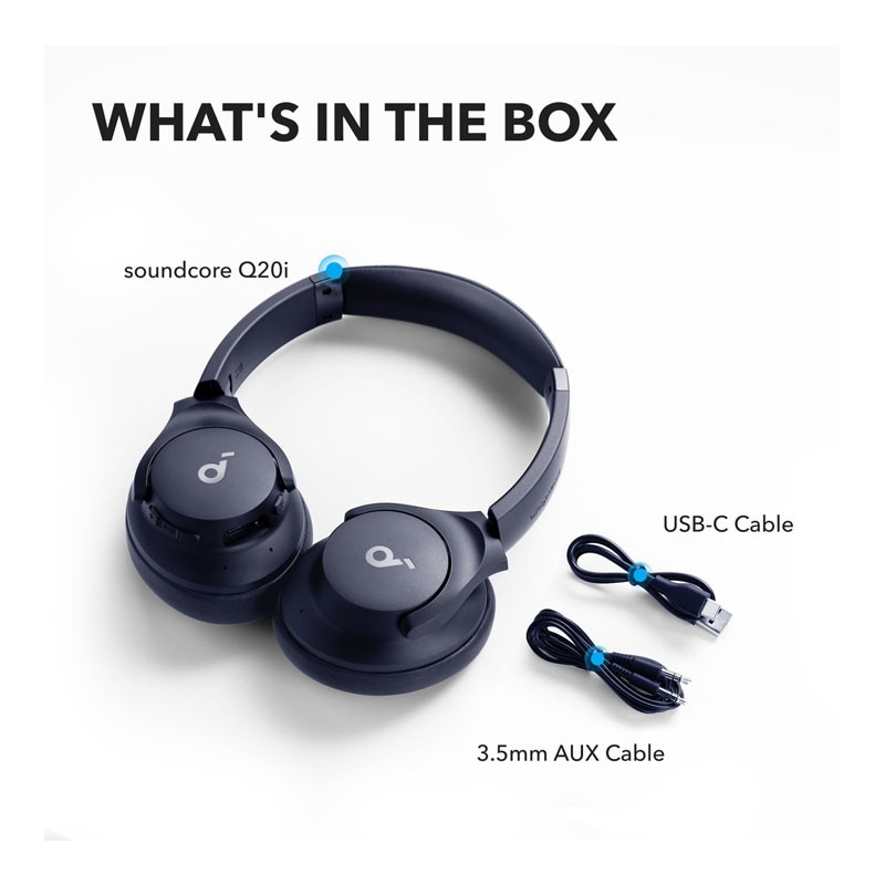 Anker Soundcore Q20i, Hybrid Active Noise Cancelling, 40h Playtime In ANC Mode, Hi Res Audio, Deep Bass, Personalization via App, Wireless Bluetooth Over Ear Headphones, Blue, A3004H11-29139