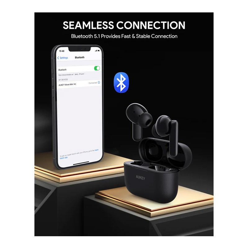 Aukey, IPX5 Waterproof, Up To 6 Hours Battery Life, 10mm Driver, Heavy Bass, TWS True Wireless Bluetooth Earbuds With ANC Active Noise Cancellation, Black, EP-M1NC-29774