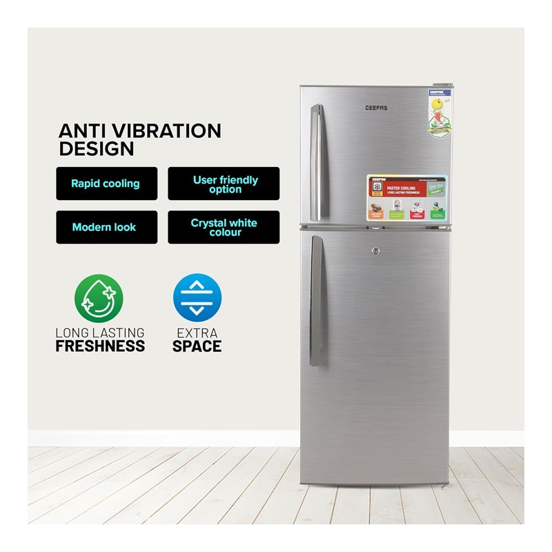 Geepas, Free Standing Durable Double Door Refrigerator, Quick Cooling And Longlasting Freshness, Low Noise, Low Energy Consumption, Defrost Refrigerator, Double Door Refrigerator, GRF2209SXE-33902