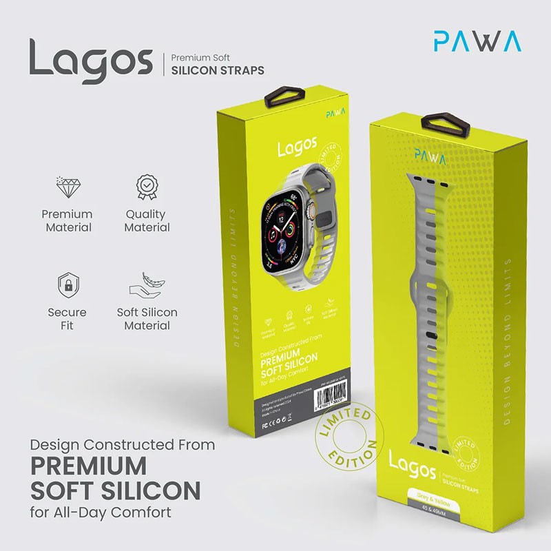 Pawa Lagos Water And Sweat Resistant Limited Edition Premium Soft Silicon Straps, Grey And Yellow-19224