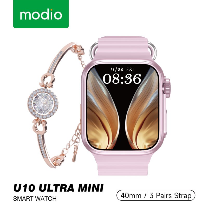Modio U10 Ultra Mini 40MM HD Display Smart Watch With 3 Pair Straps Wireless Charger and a Fashion Bracelet Combo For Ladies and Girls-3468