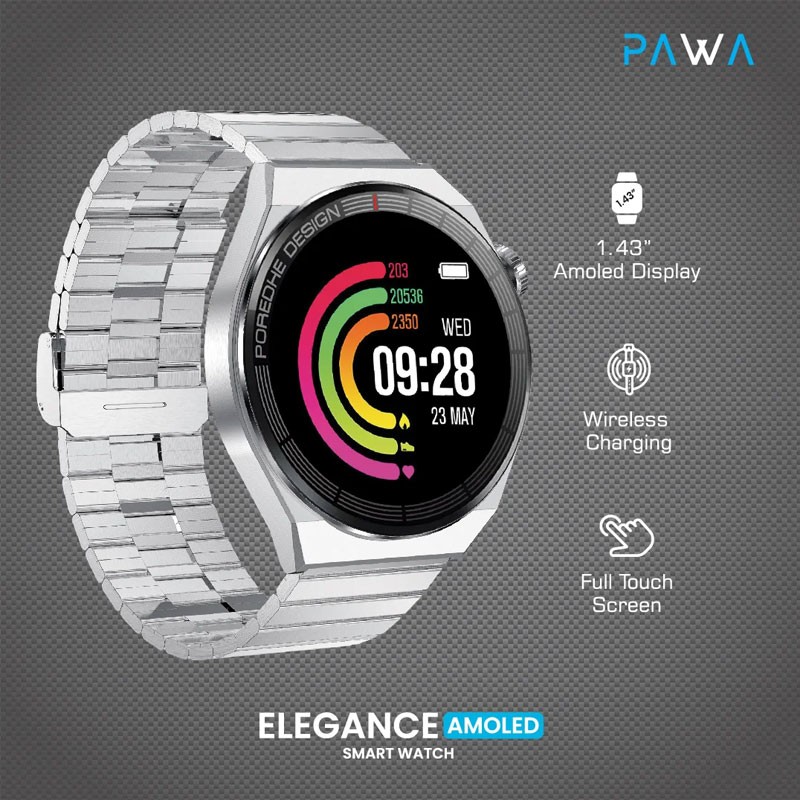 Pawa Elegance, 1.43 Inch HD Large Amoled Screen, Wireless Charging, Activity Tracking, Bluetooth Calls, Smart Watch, Silver-19198