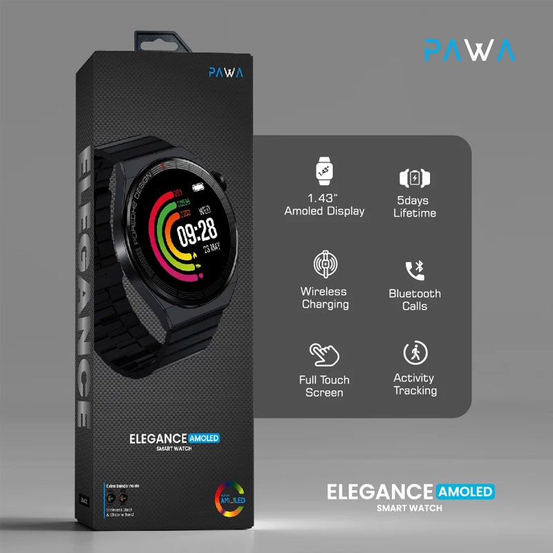 Pawa Elegance, 1.43 Inch HD Large Amoled Screen, Wireless Charging, Activity Tracking, Bluetooth Calls, Smart Watch, Black-19195