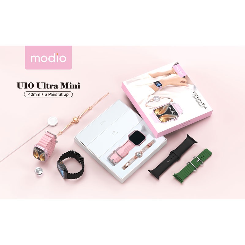 Modio U10 Ultra Mini 40MM HD Display Smart Watch With 3 Pair Straps Wireless Charger and a Fashion Bracelet Combo For Ladies and Girls-3472