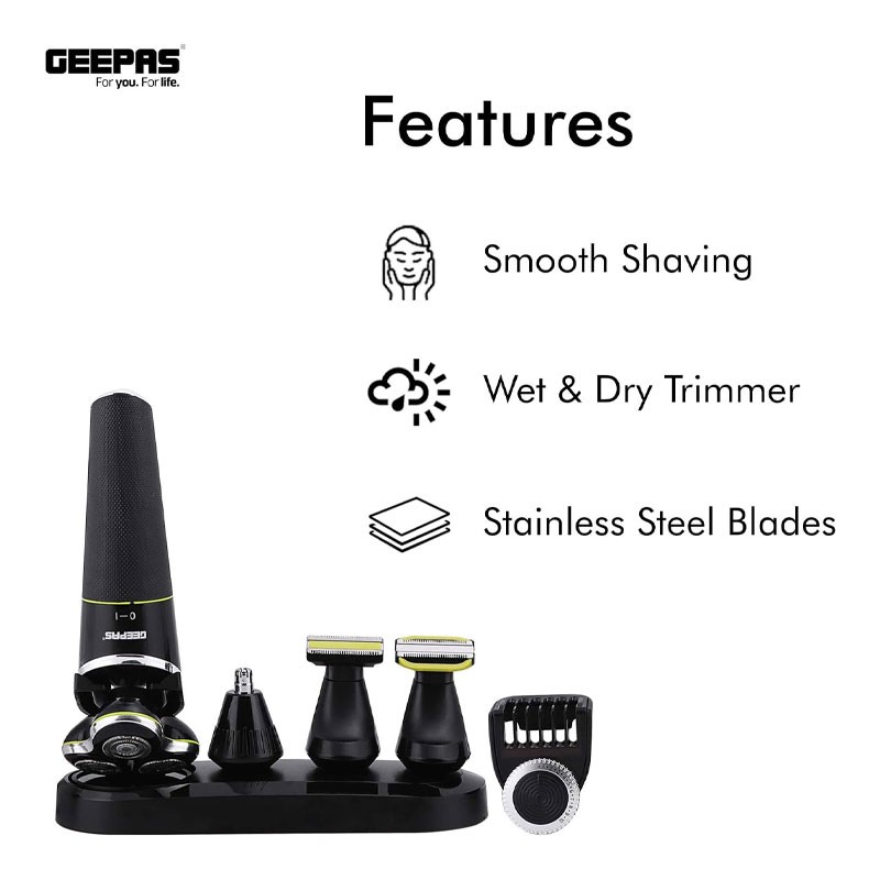 Geepas, Floating Blade, Men Electric Razor Beard Trimmer, Grooming Kit Rotary Cordless Body With Stand, Nose Hair Trimmer, Waterproof, 5 In 1 Grooming Kit, GTR56025UK -34054
