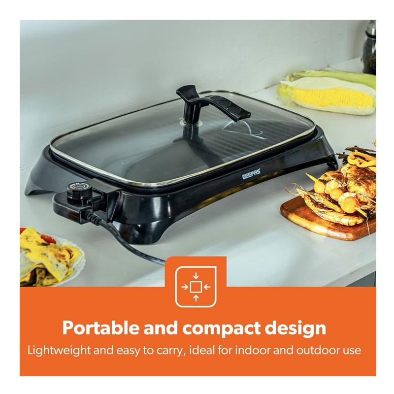 Geepas, Adjustable Thermostat, Non Stick Smokeless Grill Indoor With Glass Lid, Overheat Protection, On Indicator Light, 1600W Electric Barbeque Grill, GBG63040-28794