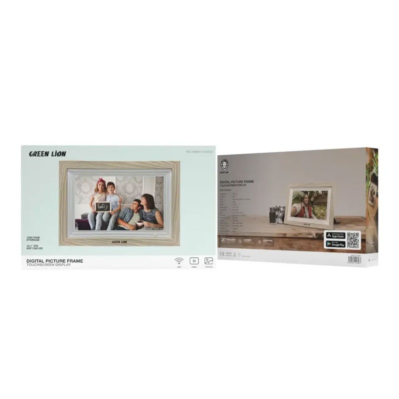 Green Lion, Instant Wireless Sharing, USB Photo Transfer, High Quality Sound, Auto-Rotation, 16GB Storage, 1GB RAM, 10.1 Inch Touch Screen Display, Digital Picture Wooden Frame-33215