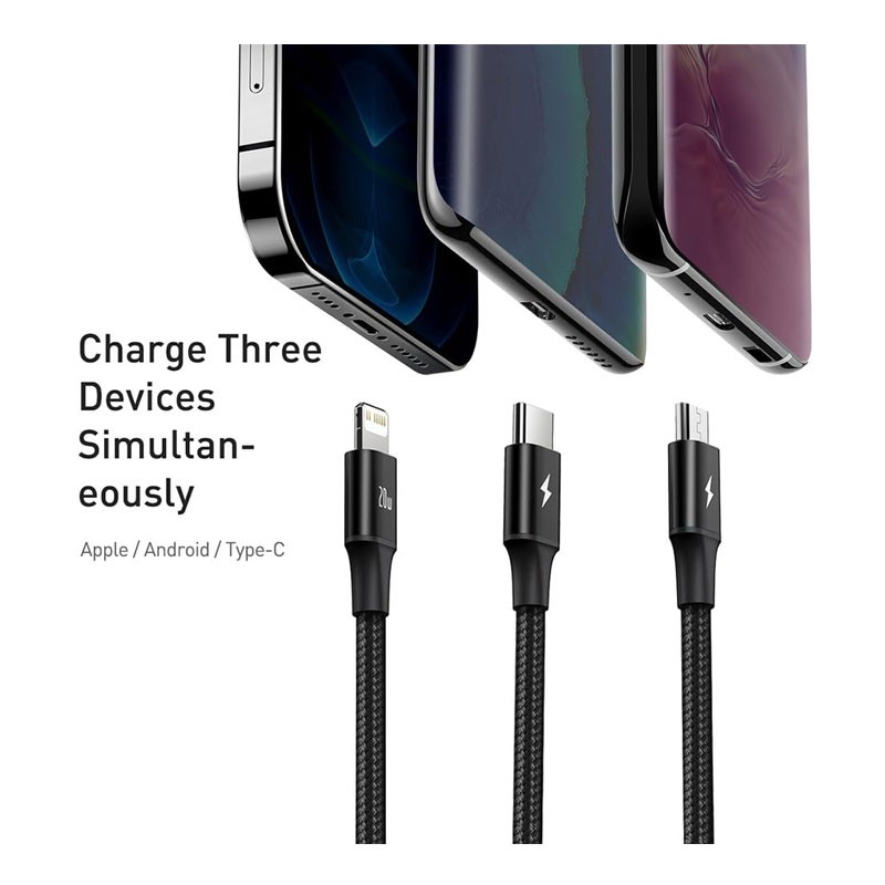 Baseus Rapid Series, 1.5m USB C To Micro USB, Lightning, USB Type C, 3 In 1 20W Fast Charging Cable, CAMLT-SC01-29394