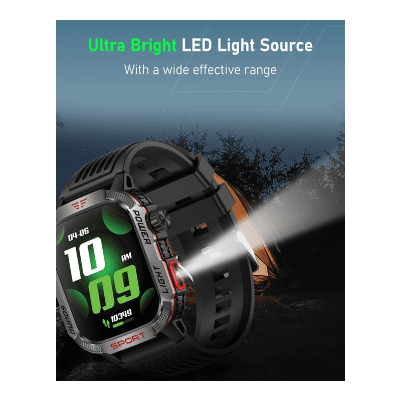 Moxedo Warrior Military Smart Watch With LED Flash Light 2.01 IPS HD Large Display, Bluetooth Calling, 100 Plus Watch Faces With Built In Compass, For Android And iOS, Black, Smart Watch, MX-SW013-BK-34062