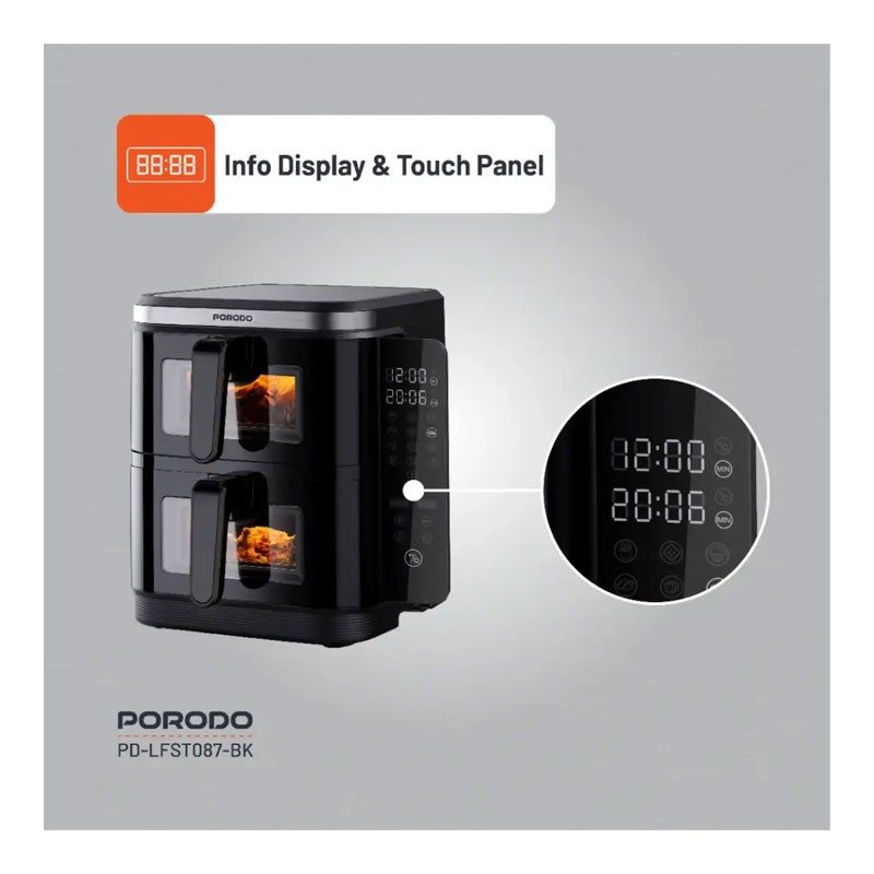 Porodo Lifestyle, 11L Capacity, Timer, Info Display And Touch Panel, Double Stack Air Fryer With 12 Presets, Black, PD-LFST087-BK-32716