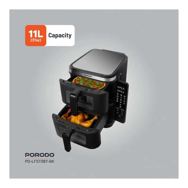 Porodo Lifestyle, 11L Capacity, Timer, Info Display And Touch Panel, Double Stack Air Fryer With 12 Presets, Black, PD-LFST087-BK-32718