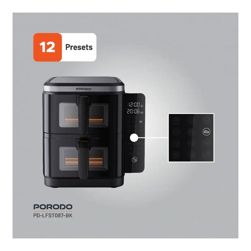 Porodo Lifestyle, 11L Capacity, Timer, Info Display And Touch Panel, Double Stack Air Fryer With 12 Presets, Black, PD-LFST087-BK-32717