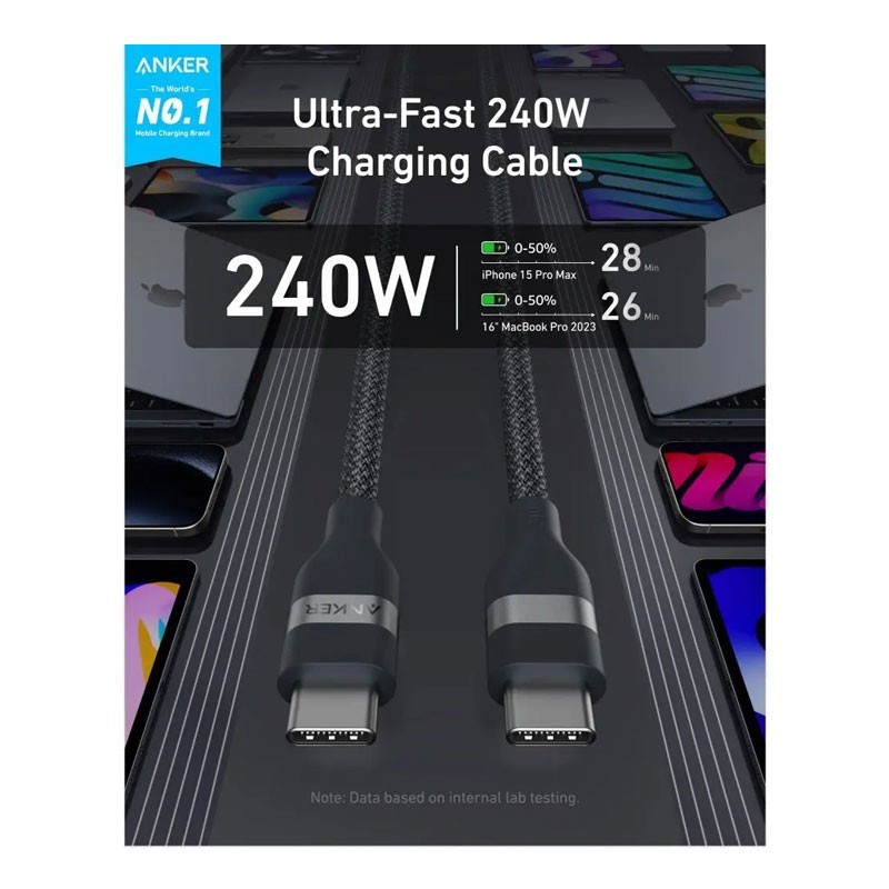 Anker USB C To USB C 240W Upcycled Braided 6ft Fast Charging Cable, Black, A82E2H12-29202