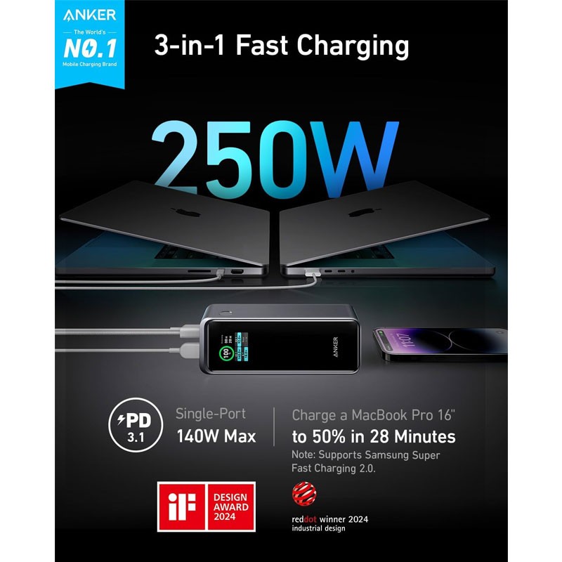 Anker 737 PowerCore Prime, 27650mAh, 250W, Power Bank With USB C To USB C Charging Cable, A1340011-21566