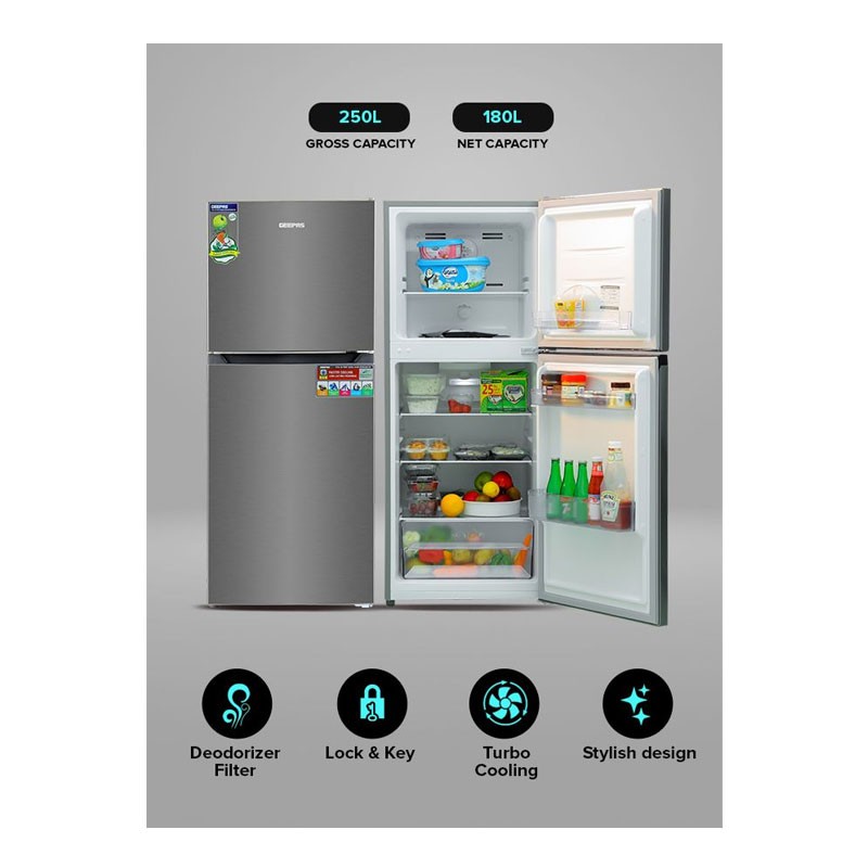 Geepas, Multi Airflow With Faster And Deep Cooling, 250L Gross Capacity Double Door No Frost Refrigerator, GRF2522SXN-28967