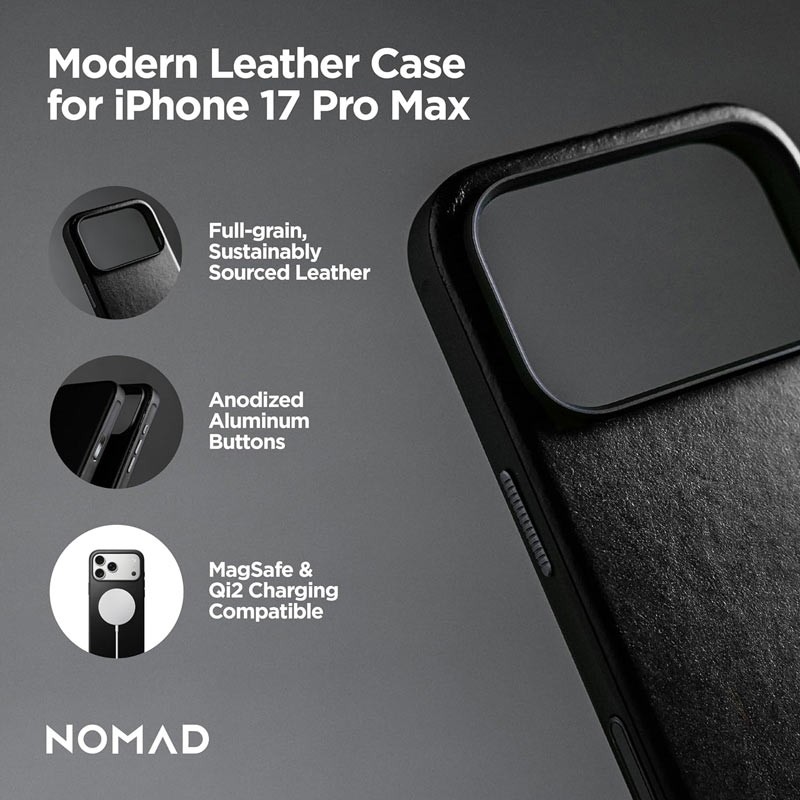 Nomad Magnetic Leather Back for Apple iPhone 17 Pro Max, Horween Leather, Black-36159
