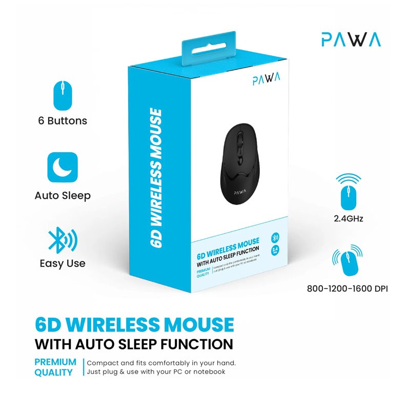 Pawa 6D Wireless Mouse With Auto Sleep Function, Black, PW-VM6D16DP-BK-28584
