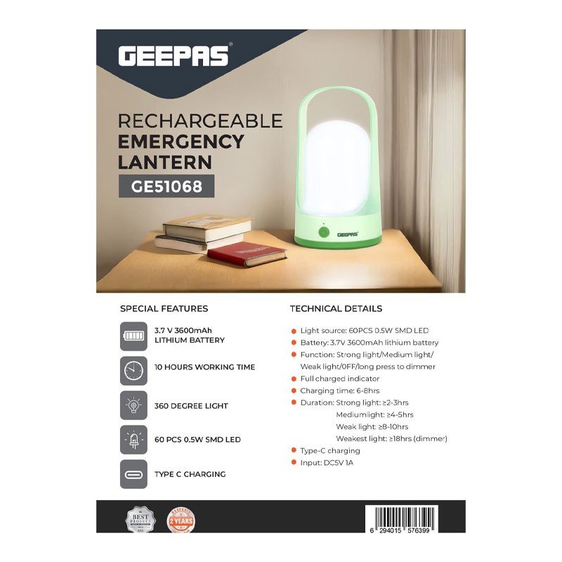 Geepas, 3600 mAh Lithium Battery, 10 Hours Working Time, 360 Degree Light, Rechargeable Emergency Lantern, GE51068-33387