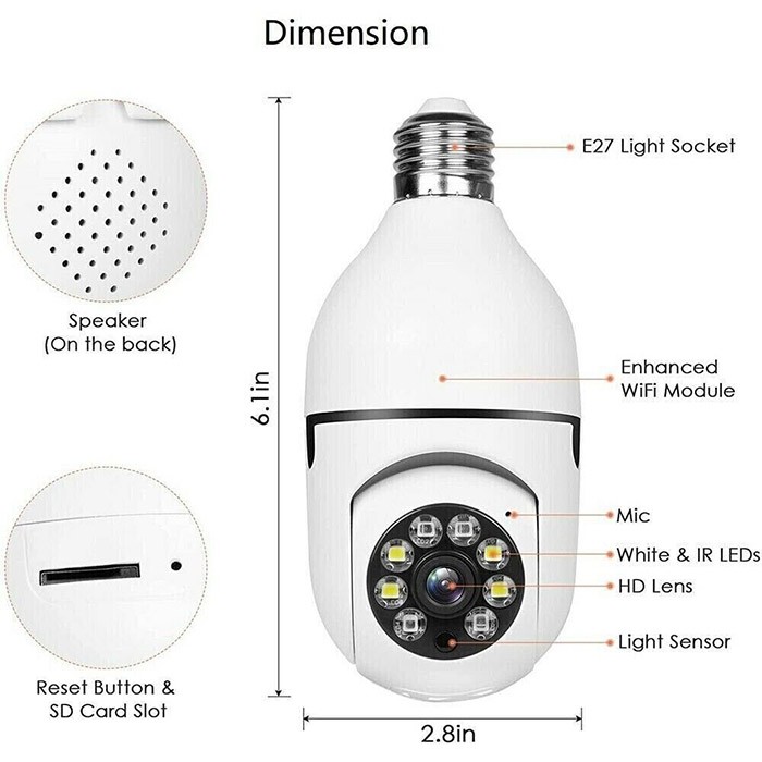 360 Panoramic wifi camera, Bulb Surveillance Camera Night Vision Human Tracking two way audio Security action camera-50